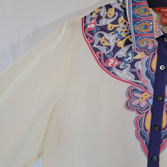 Sundance Ivory 100% Silk Floral Button-Up Blouse Sz L Boho Office Siren Peasant